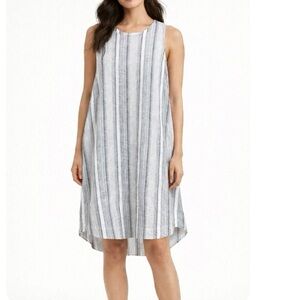 The Company Store Linen Dress Gray Stripe High Low A-Line Sleeveless Dress